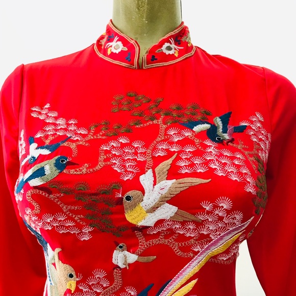 Heavily-EMBROIDERED Bird Theme CHINOISERIE Dress S - Picture 12 of 16